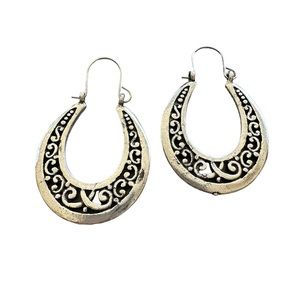 Antique Silver Cut Metal Oval Hoop Earrings